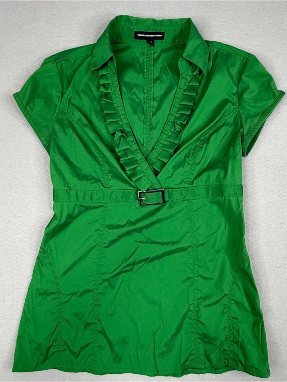 Y2K Express Design Studio Blouse XS Green Ruffle Buckle Fitted Top